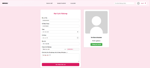 Khách hàng điền thông tin để đặt lịch