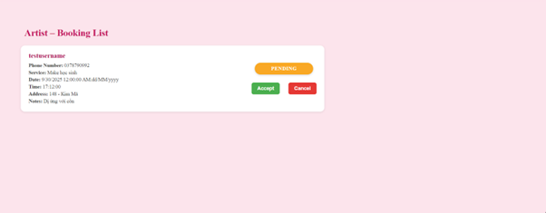 Artist xem danh sách đơn đặt